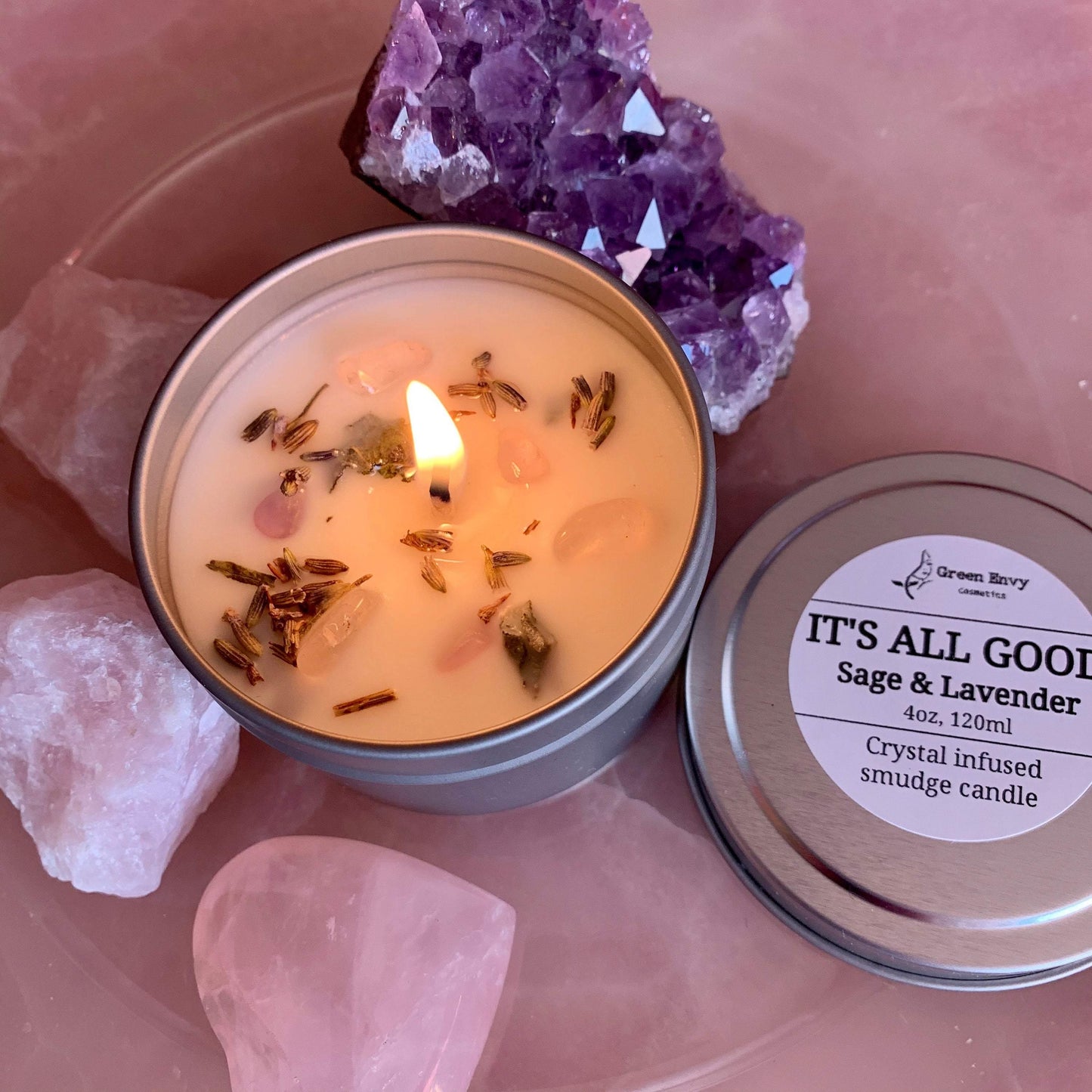 IT'S ALL GOOD- CRYSTAL INFUSED SMUDGE CANDLE - GreenEnvyCosmetics 