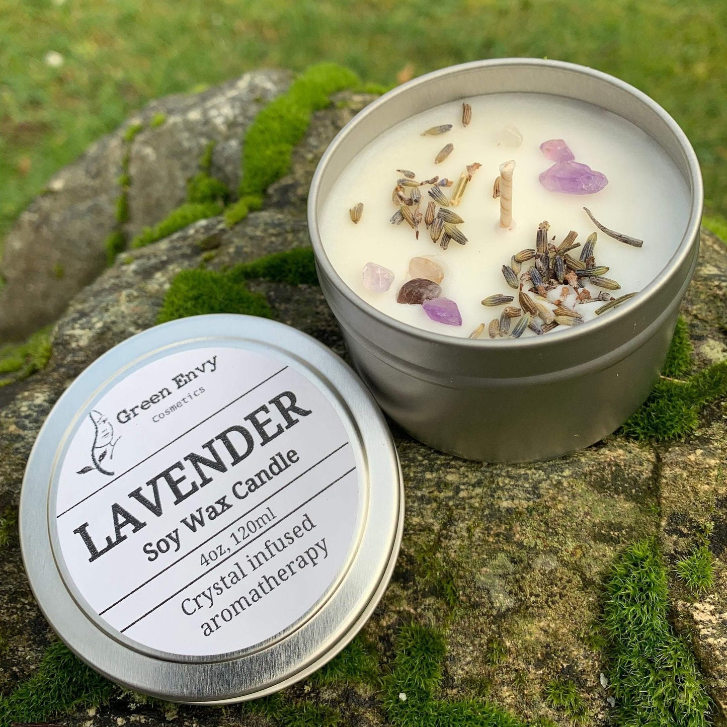 LAVENDER- CRYSTAL INFUSED AROMATHERAPY CANDLE - GreenEnvyCosmetics 